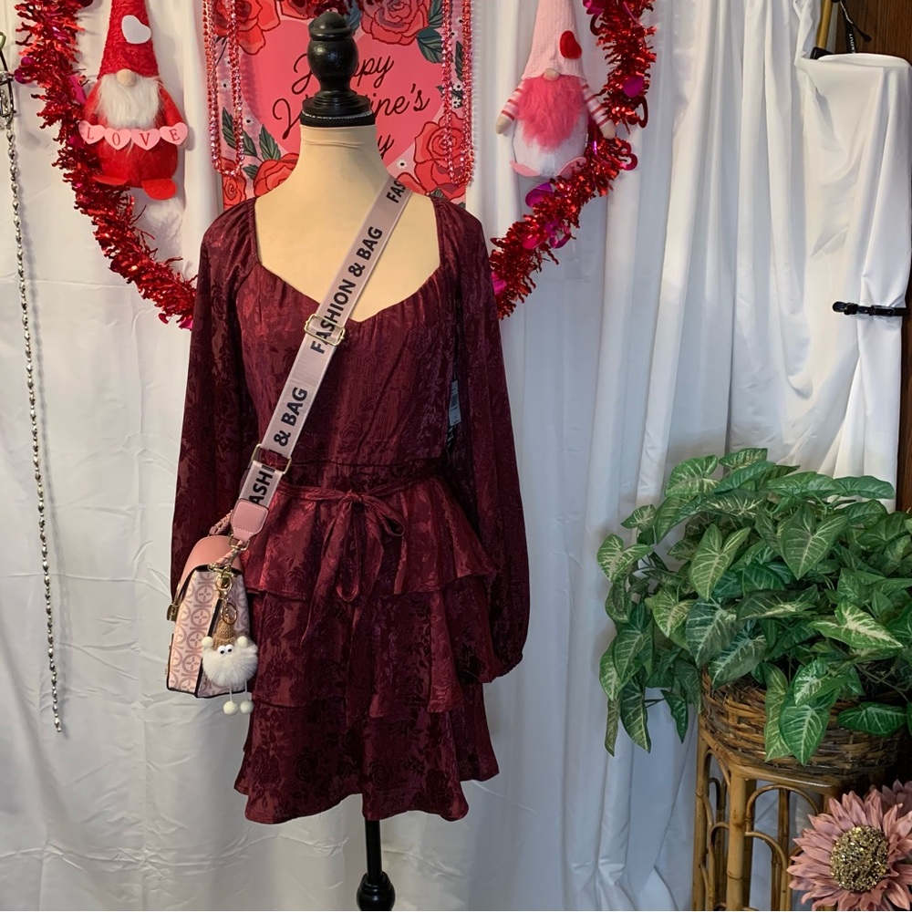 Chic Long Sleeve Burgundy Tiered Dress - Picture 3 of 16